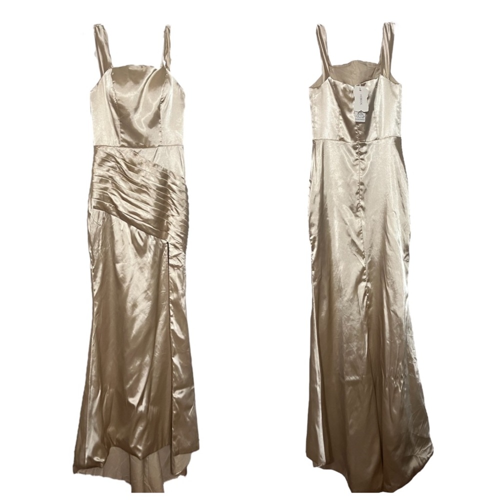 Hebeos Champagne Asymmetrical Lined High Slit Satin Sheen Dress NWT - Picture 3 of 15